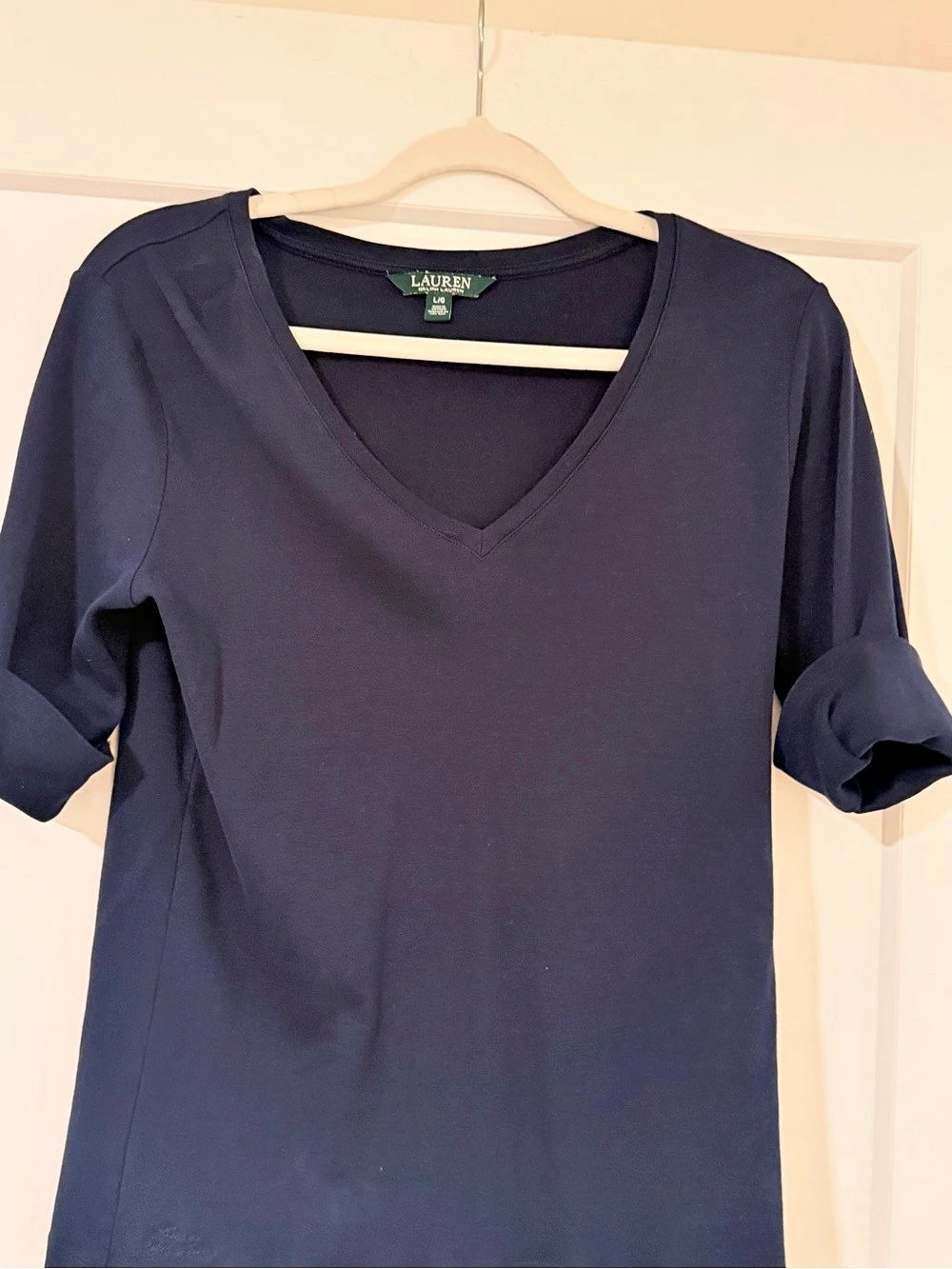 Lauren Ralph Lauren V-Neck Long Sleeve Top in Navy Blue Large Like New